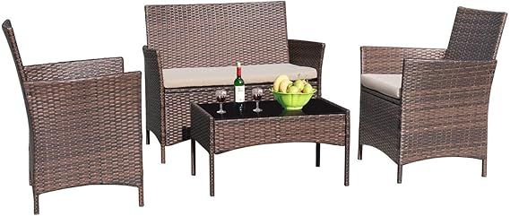 Devoko 4 Pieces Patio Porch Furniture Sets PE Rattan Wicker Chairs Beige Cushion with Table Outdo... | Amazon (US)