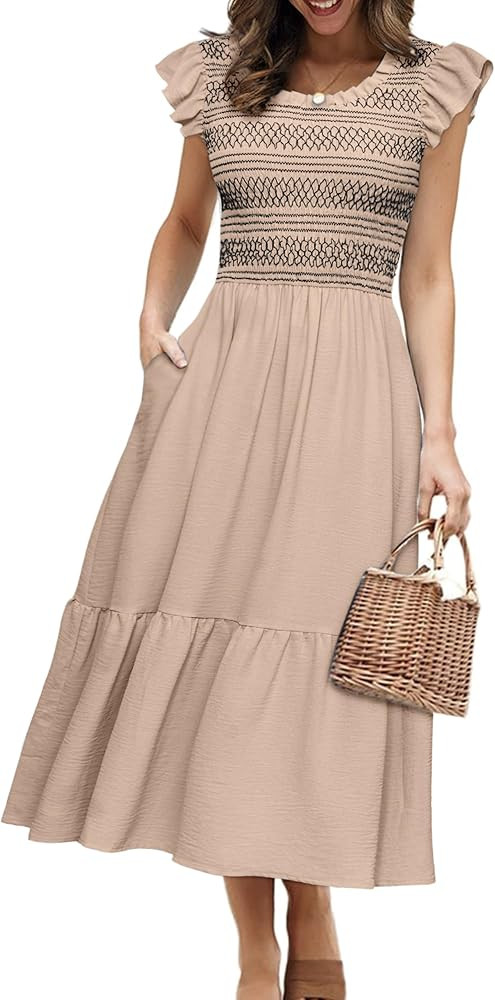 Simplee - Vestido largo bohemio para mujer, con mangas con vuelo, de verano, casual, cintura frun... | Amazon (US)