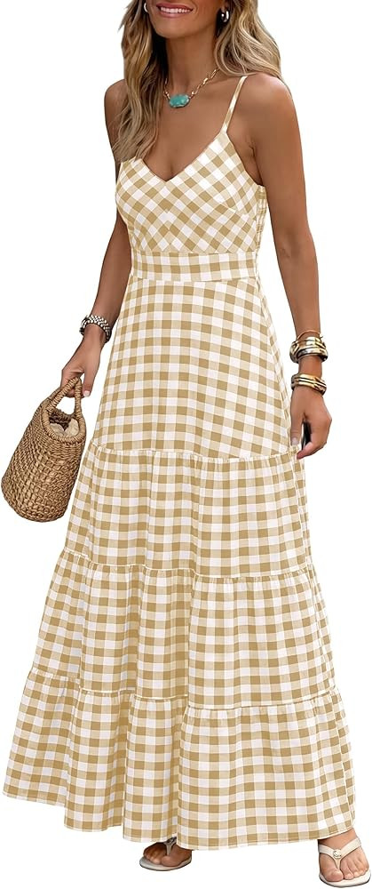 Caracilia Summer Maxi Dresses for Women Spaghetti Strap Back Smocked A Line V Neck Casual Long Dr... | Amazon (US)