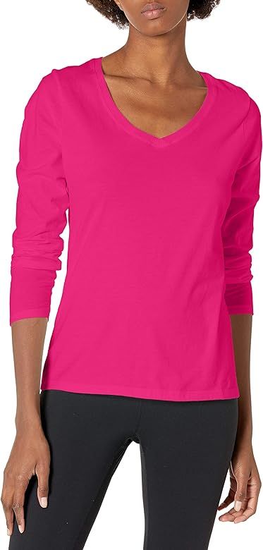 Hanes Women's V-Neck Long Sleeve Tee, Sizzling Pink, Small at Amazon Women’s Clothing store | Amazon (US)