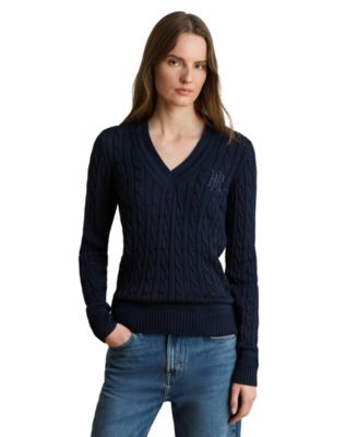 Lauren Ralph Lauren Womens Long Sleeve V Neck Cable Knit Sweater | Macy's