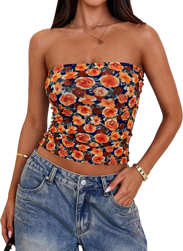 PRETTYGARDEN Women's Mesh Floral Strapless Bandeau Crop Top | Amazon (US)