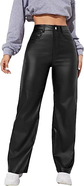 MakeMeChic Women's High Waist Pockets Straight Leg Jeans Leather Look Pants | Amazon (US)