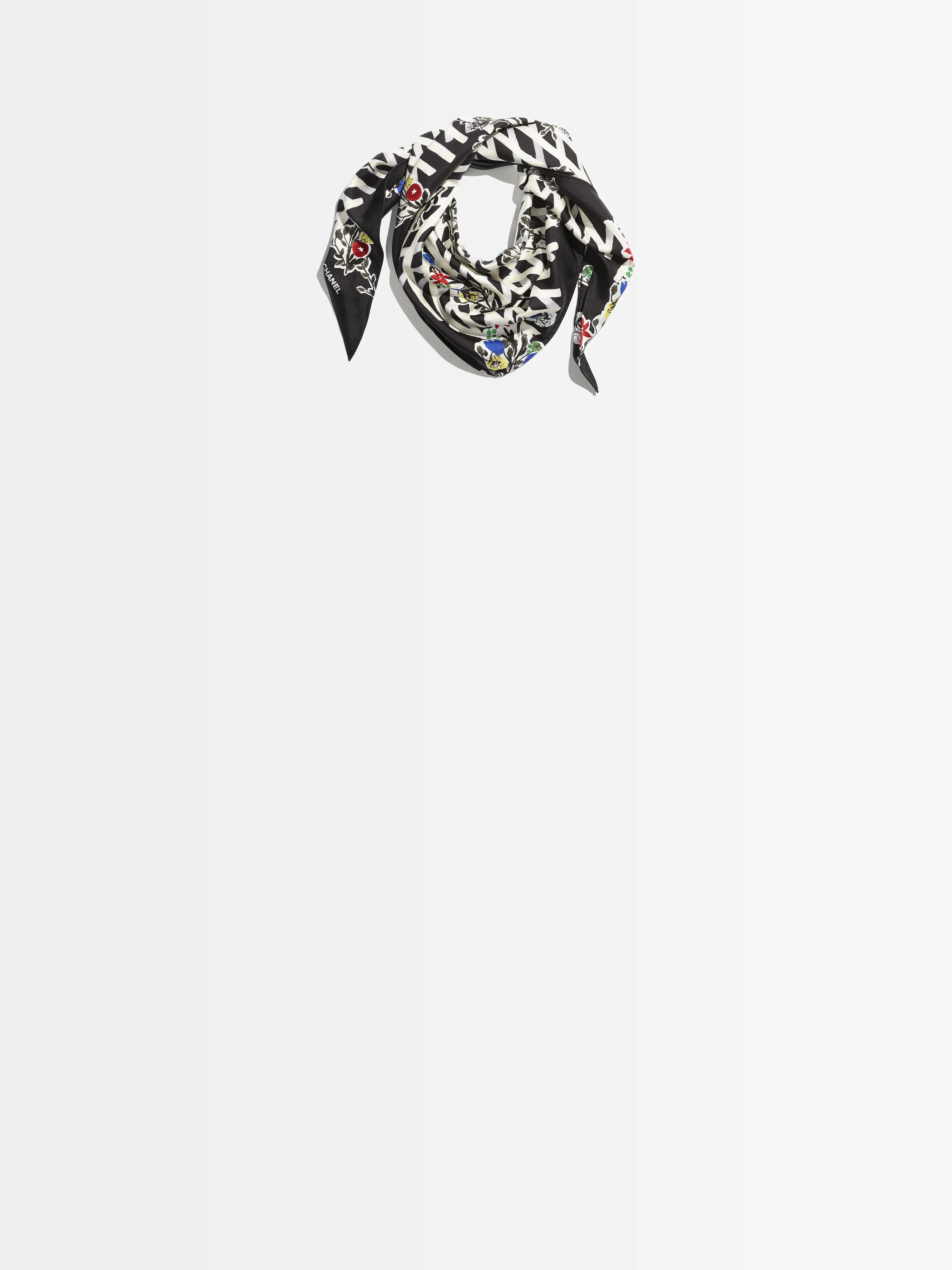 Scarf - Silk twill, black, ecru, blue & red — Fashion | CHANEL | Chanel, Inc. (US)