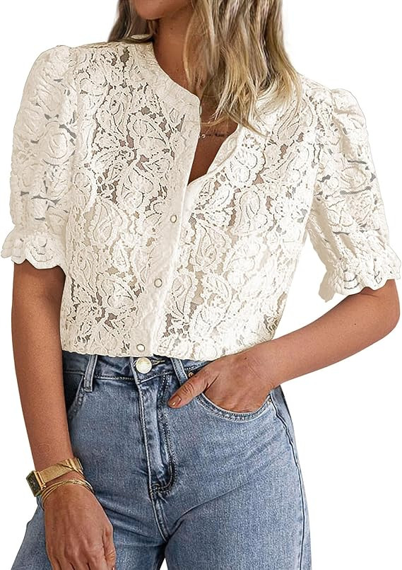PRETTYGARDEN Womens 2026 Spring Lace Tops Short Puff Sleeve Casual Dressy Blouses Eyelet Crew Nec... | Amazon (US)