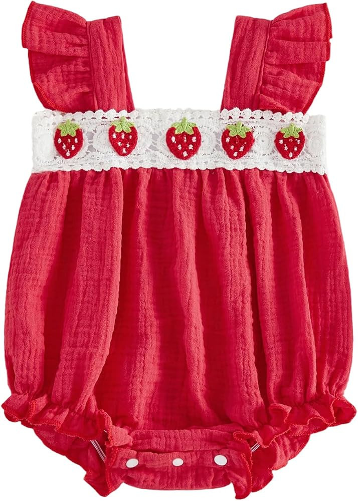 PUHHAPIEY Newborn Baby Girl Strawberry Onesie Fly Sleeve Crochet Bubble Onesie Romper Summer Line... | Amazon (US)