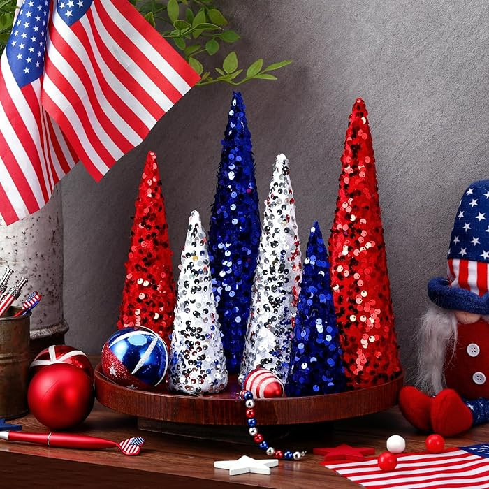 6 Pcs 4th of July Cone Trees Red White Blue Glitter Table Tree Decor Independence Day Cone Orname... | Amazon (US)