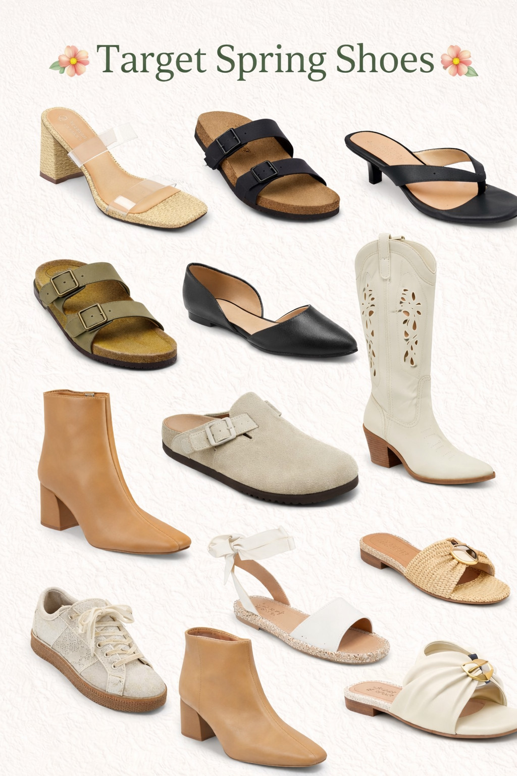 target spring shoes roundup 🌸 | affordable spring shoes | target shoe finds | neutral spring outfits | comfy sandals, heels + boots under $50

sharing the best target spring shoe finds — from everyday sandals to cute heels and boots 🤍 perfect for casual outfits, spring break, and everyday wear 

 #LTKgrwm #LTKootd #LTKmomlife