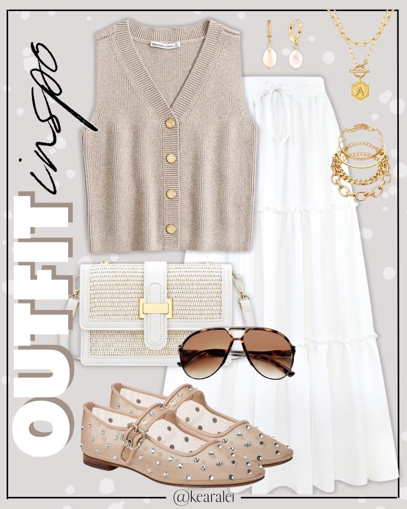 Spring outfits summer outfit Amazon fashion Abercrombie & Fitch taupe khaki beige ribbed sleeveless button up sweater vest with white tiered ruffle midi skirt boho maxi skirt long cotton skirt nude rhinestone studded mesh woven ballet flats brown aviator sunglasses white rattan purse handbag crossbody and gold jewelry baby shower outfits dress spring dresses Easter Sunday dress skirts || #spring #dress #easter #summer #babyshower #boho #target #casual #teaching #outfit #outfits
.
.
.
Amazon fashion, teacher outfits, business casual, casual outfits, neutrals, street style, Midi skirt, Maxi Dress, Swimsuit, Bikini, Travel, skinny Jeans, Puffer Jackets, Concert Outfits, Cocktail Dresses, Sweater dress, Sweaters, cardigans Fleece Pullovers, hoodies, button-downs, Oversized Sweatshirts, Jeans, High Waisted Leggings, dresses, joggers, fall Fashion, winter fashion, leather jacket, Sherpa jackets, Deals, shacket, Plaid Shirt Jackets, lounge set, Date Night Outfits, Vacation outfits, Mom jeans, shorts, sunglasses,  Romper, jumpsuit, Airport outfits, biker shorts, Weekender bag, plus size fashion, Stanley cup tumbler, Work blazers, Work Wear, workwear

boots booties tall over the knee, ankle boots, Chelsea boots, combat boots, pointed toe, chunky sole, heel, high heels, sneakers, slip on shoes, Nike, adidas, vans, dr. marten’s, ugg slippers, golden goose, sandals, high heels, loafers, Birkenstock Birkenstocks, Steve Madden, Target, Abercrombie and fitch, Amazon, Shein, Nordstrom, H&M, forever 21, forever21, Walmart, asos, Nordstrom rack, Nike, adidas, Vans, Quay, Tarte, Sephora, lululemon, free people, j crew jcrew factory, old navy

#LTKootd #LTKSeasonal #LTKSaleAlert
