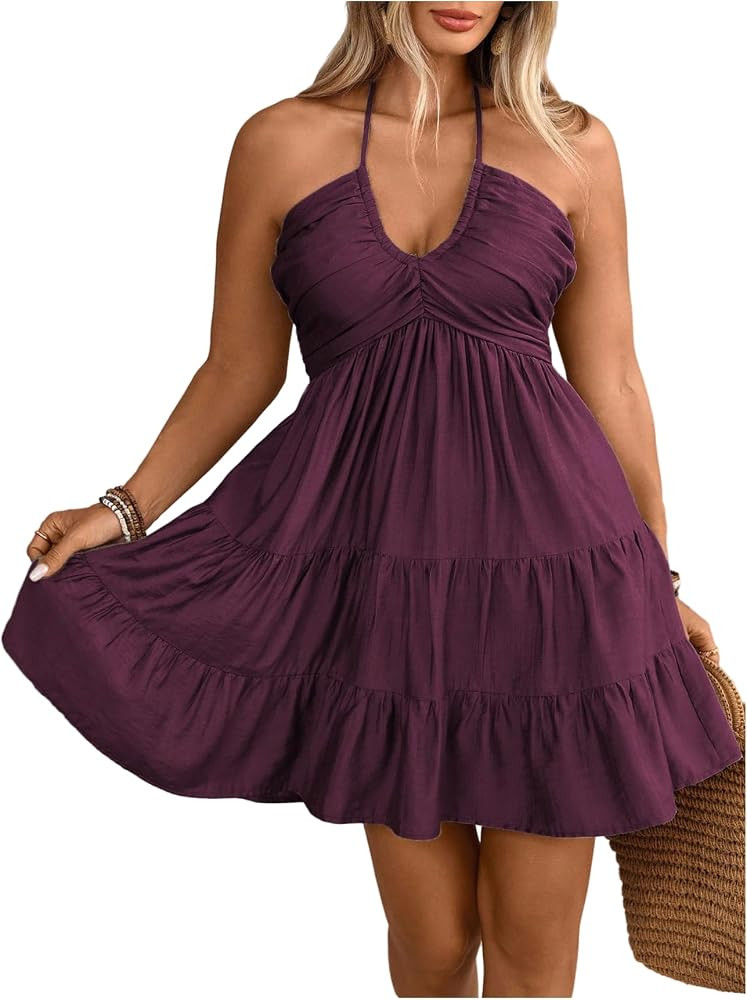 OYOANGLE Women's Plus Size Sleeveless Short Tiered Halter Dress Ruched Tie Back A Line Sundress | Amazon (US)