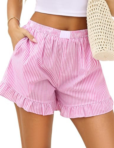 Marvmys Womens Ruffle Boxer Shorts Pajama Shorts Soft Cotton Lounge Shorts with Pockets Pink Stripe L | Amazon (US)