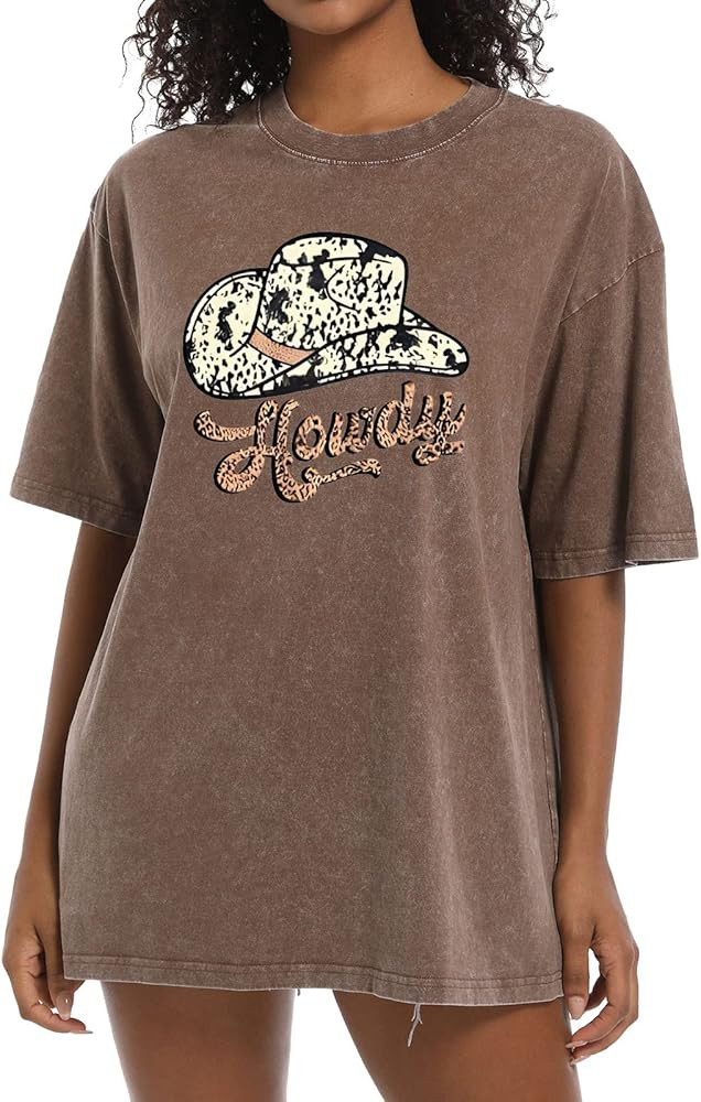 Cayxatiu Howdy Western Graphic Tees for Women Vintage Oversized Country Music T Shirts Baggy Boyfrie | Amazon (US)