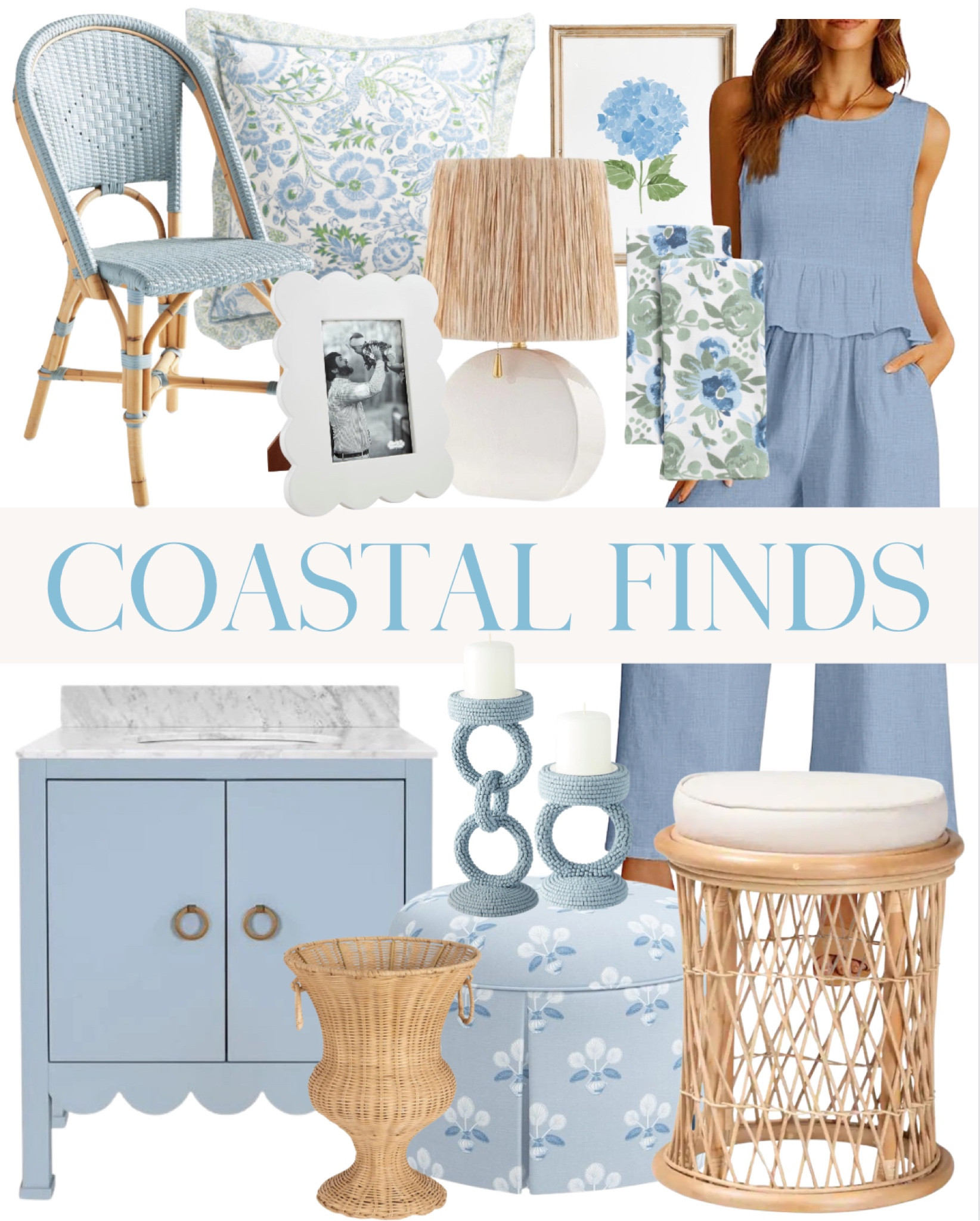 Coastal home decor, summer set, summer 2 piece outfit, blue vanity, rattan side table, blue candle holders, blue ottoman, round ottoman, block print, white lamp, scalloped frame, white frame, blue dining chair, bistro dining chair, rattan dining chair, floral pillow



#LTKhome #LTKfindsunder100 #LTKsalealert