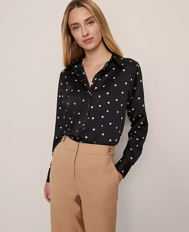 Petite Dotted Satin Button Down Shirt | Ann Taylor