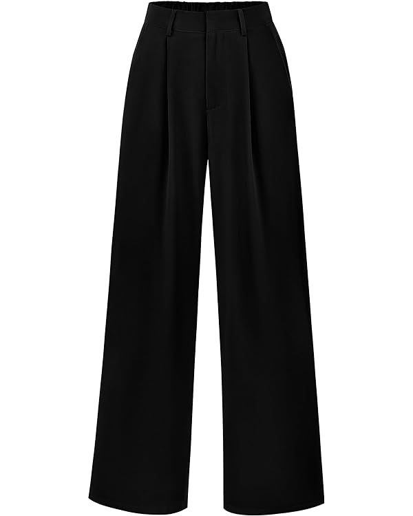 KIRUNDO Women's Elastic High Waisted Wide Leg Dress Pants Loose Fit Pleated Front Business Casual... | Amazon (US)