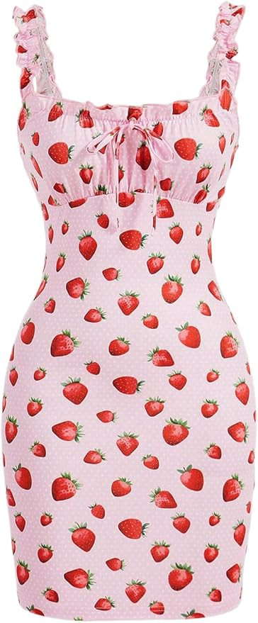 MakeMeChic Women's Strawberry Cami Dress Ruched Tie Front Frill Trim Bodycon Mini Dresses | Amazon (US)