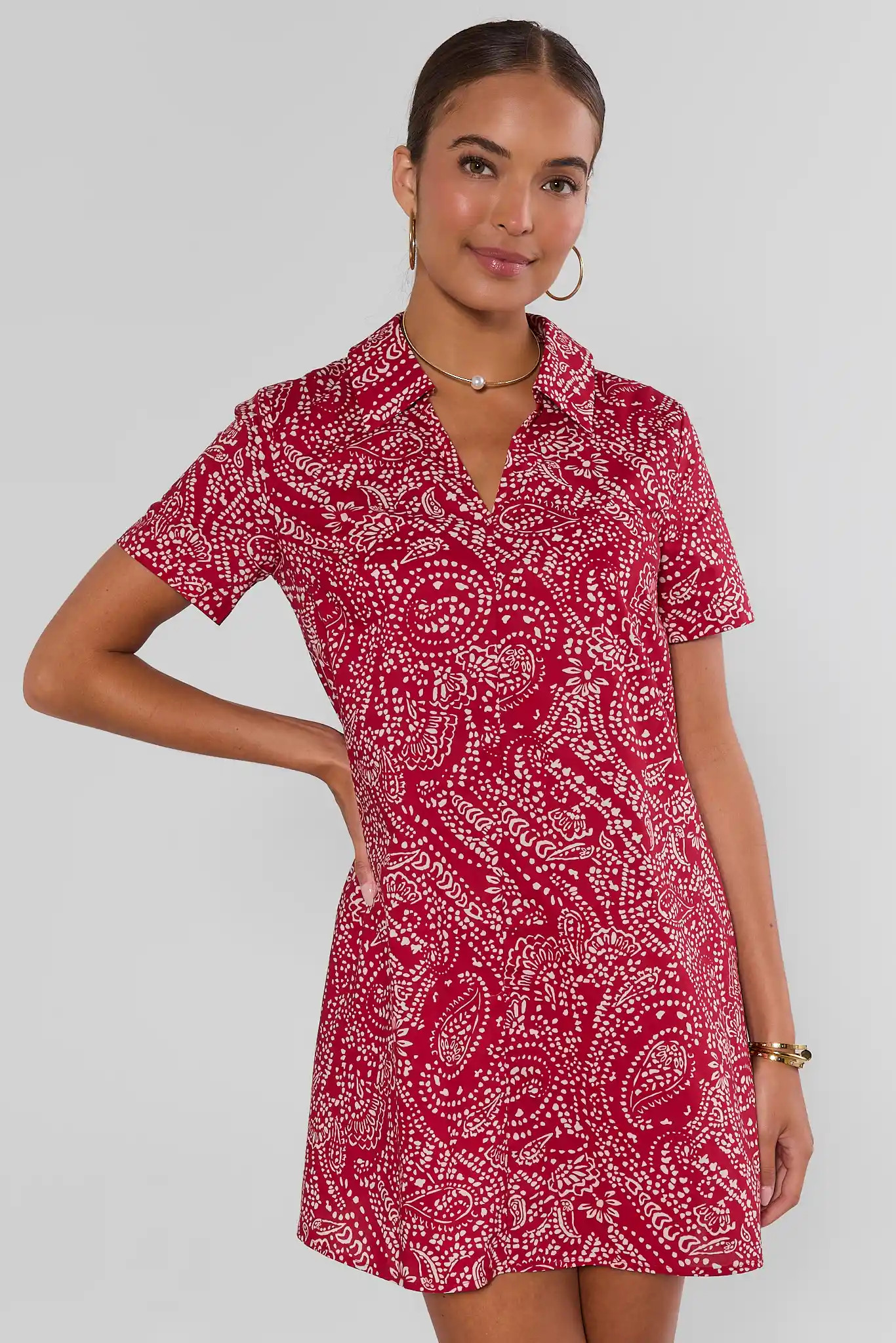 Tia Red Printed Collared Short Dress | Avara