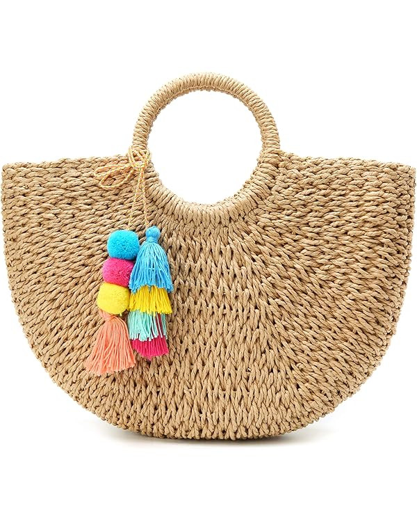 Womens Large Straw Beach Tote Bag Hobo Summer Handwoven Bags Purse wth Pom Poms | Amazon (US)