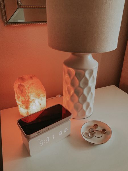 Amazon
Bedroom decor
Alarm clock
Phone charger
Salt lamp 
Ring dish
Lamp (similar)