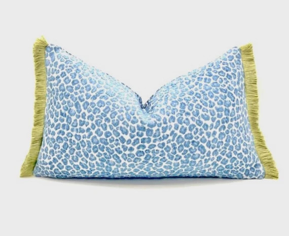 Blue Cheetah Throw Pillow Cover With Green Brush Fringe - Etsy | Etsy (US)