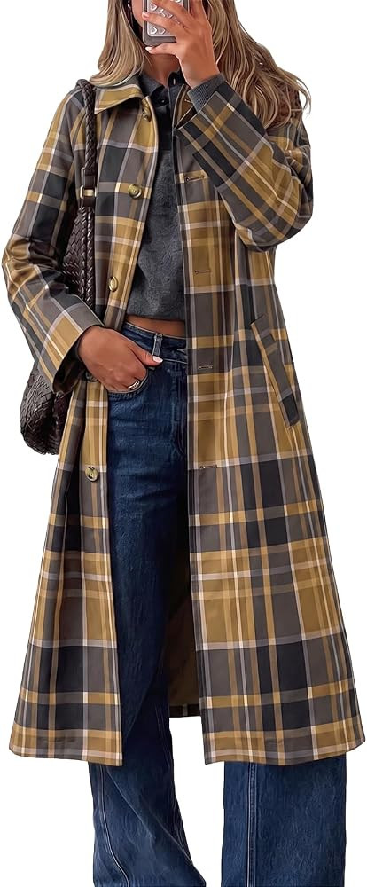 Cicy Bell Womens Plaid Trench Coat Fall Lapel Single Breasted Long Jacket | Amazon (US)