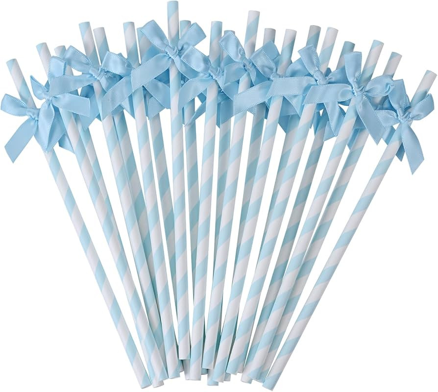 20pcs Blue Bow Straw, 7.7inch Biodegradable Cute Girly Paper Straw, Wedding, Picnic, Birthday, Pa... | Amazon (US)