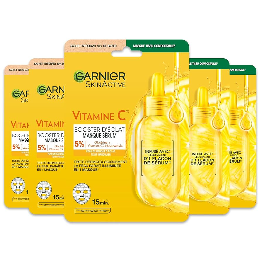 GARNIER Skin Active - Lot De 5 Masques Tissu Booster D'Éclat - Illumine, Hydrate & Repulpe La Pe... | Amazon (FR)