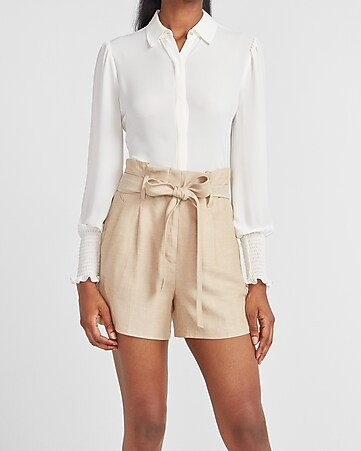 Super High Waisted Linen-blend Paperbag Tie Shorts | Express