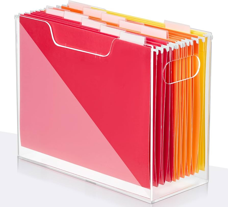 Jumyee Clear Acrylic File Folder Organizer with Handle \u2013 Portable Hanging File Box for Lette... | Amazon (US)