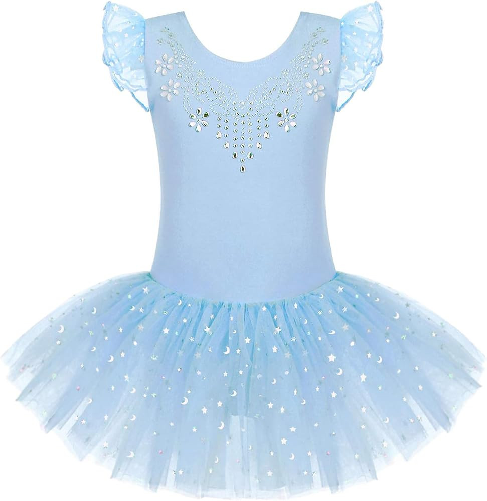 Zaclotre Kid Girls Ruffle Sleeve Ballet Skirted Leotard Shiny Dance Tutu Dresses | Amazon (US)