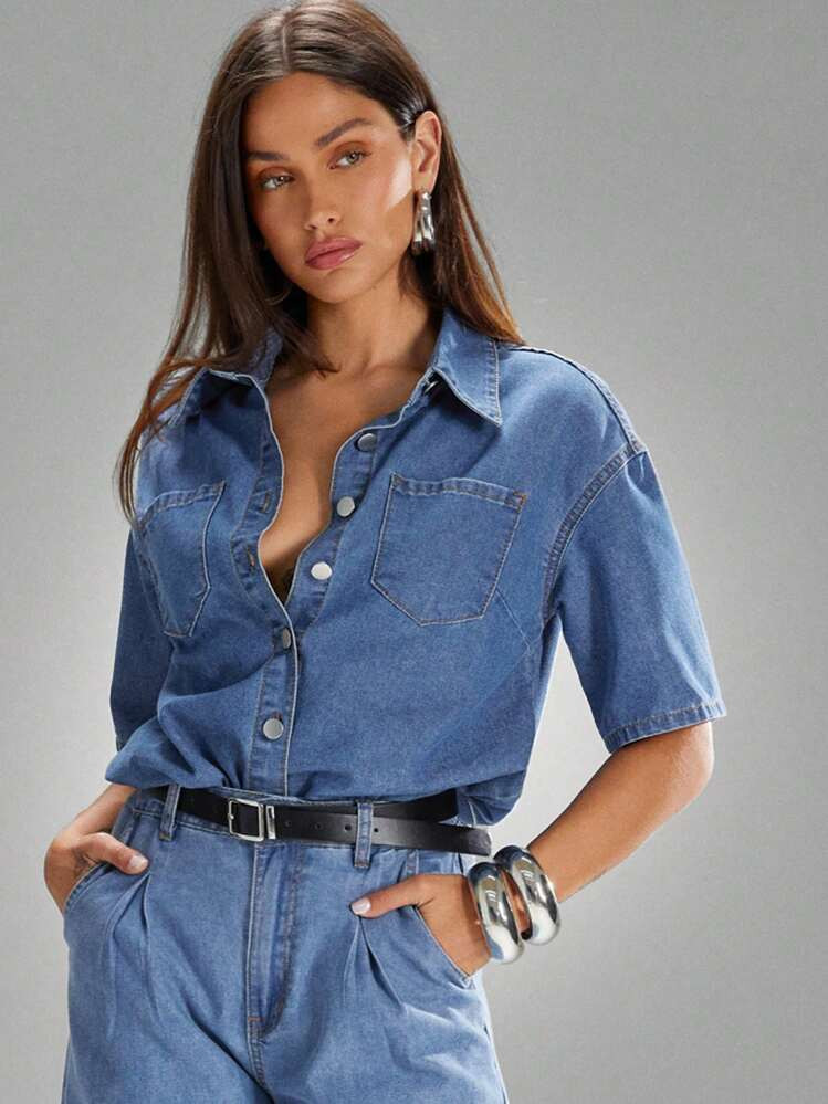 Denimoi Collared Button Down Short Sleeve Oversized Chambray Shirt, Denim On Denim, Denim Shirt, ... | SHEIN