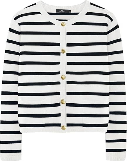 LILLUSORY Women's Crew Neck Gold Buttons Cardigan Sweaters Lady Jacket with Patch Pockets | Amazon (US)