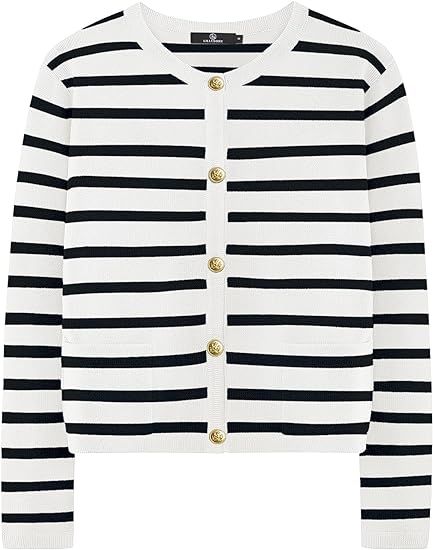 LILLUSORY Women's Crew Neck Gold Buttons Cardigan Sweaters Lady Jacket with Patch Pockets | Amazon (US)