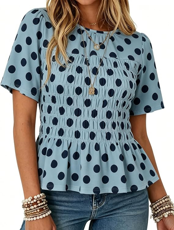 Watashi Women’s Polka Dot Smocked Peplum Blouse Summer Ruffle Hem Short Sleeve Babydoll Tops fo... | Amazon (US)