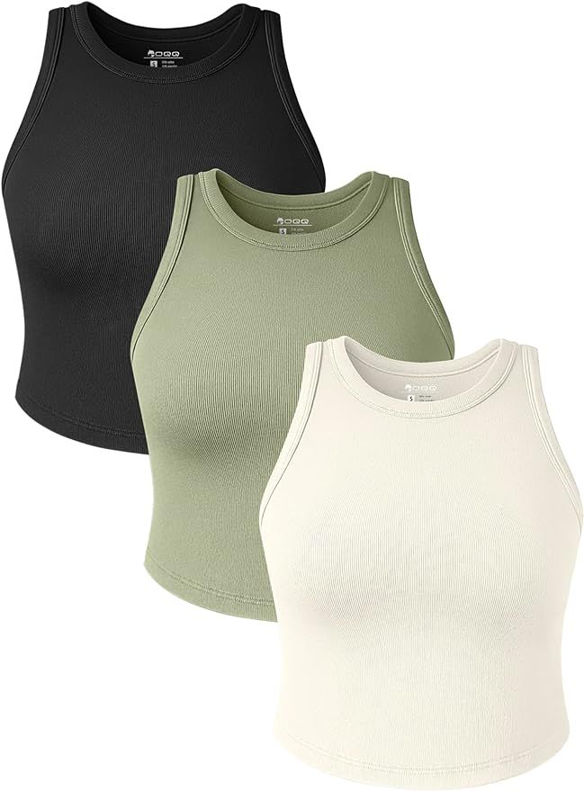 OQQ Women's 3 Piece Shirts Crew Neck Sleeveless Basic Stretch Yoga Crop Tops Camis | Amazon (US)