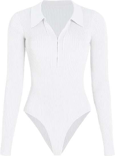 CIDER Women’s Long Sleeve Collared Zip Up Ribbed Knit Casual Bodysuits Slim Fit Tops | Amazon (US)