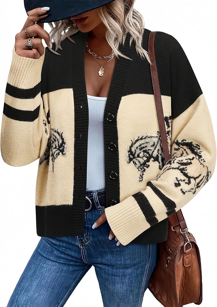 MYMORE Women's ❷⓿❷❺ Western Cowgirl Graphic Cardigan Sweaters Color Block Cowboy Print V ... | Amazon (US)