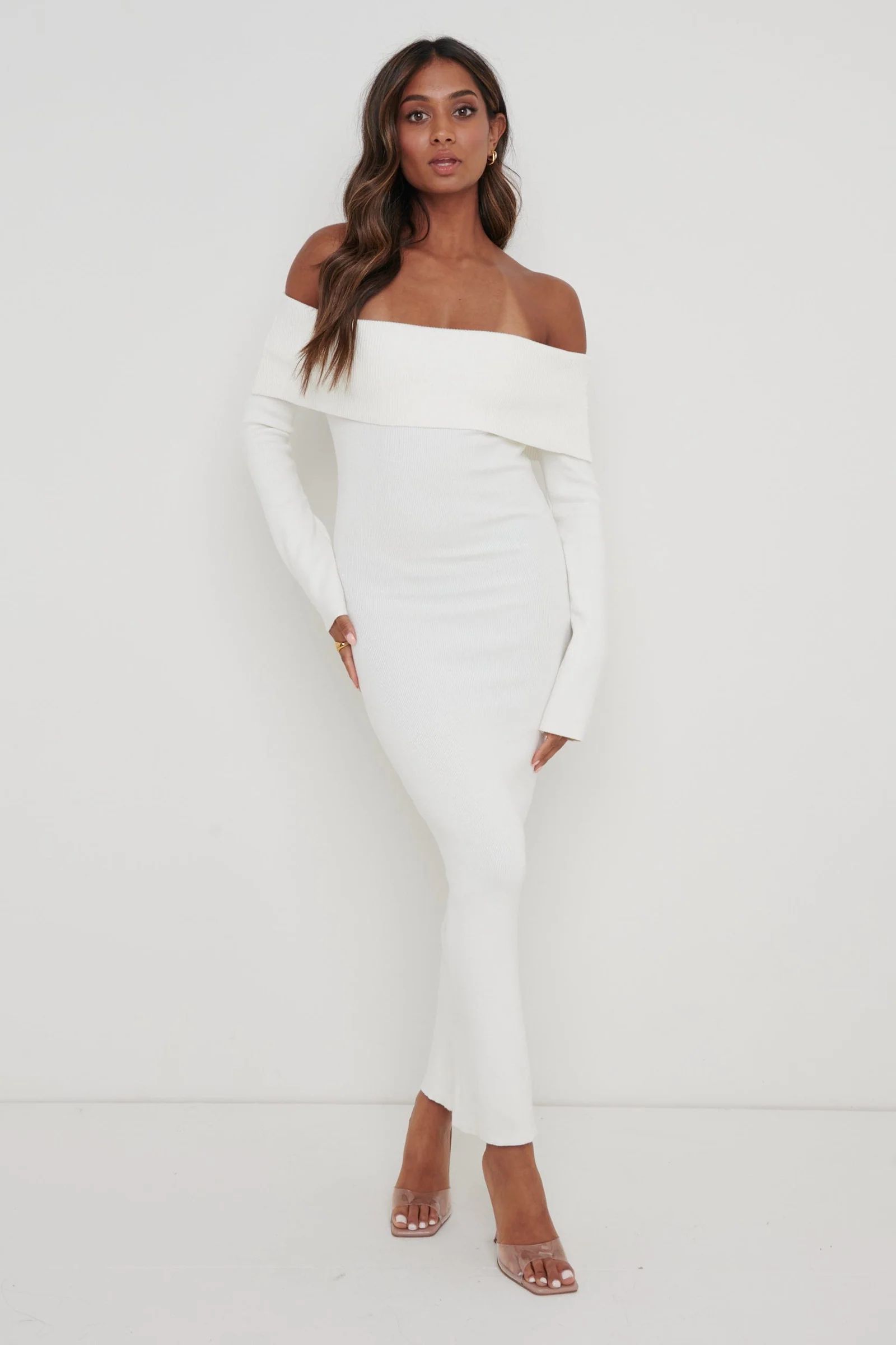 Soreya Bardot Knit Dress - Cream | Pretty Lavish (UK)