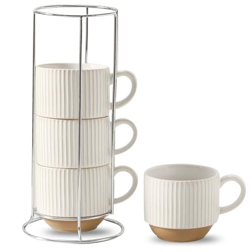 HASENSE 15oz Coffee Mug Set of 4 - Stackable Ceramic Mugs with Holder - White & Light Brown Coffe Cups Set for Cappuccino, Tea, Hot Cocoa, Drinks - Wedding & Housewarming Gifts, Everyday Use | Amazon (US)