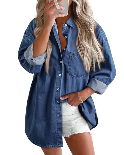 BTFBM Womens Button Down Denim Shirts Fall Lapel V Neck Lightweight Oversized Long Sleeve Thin Casual Blouse Tops Pocket(Solid Navy, XX-Large) | Amazon (US)