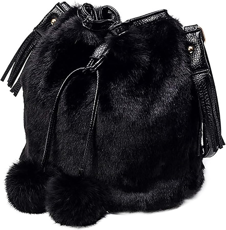 QZUnique Plush Bucket Handbag Faux Fur Drawstring Fluffy Crossbody Bag Handle Shoulder Tote Bag | Amazon (US)