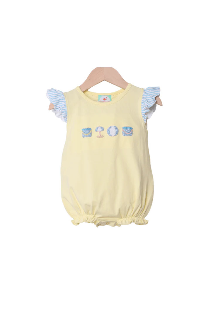 French Knot Beach Fun Yellow/Blue Stripe Ruffle Bubble | The Smocked Flamingo
