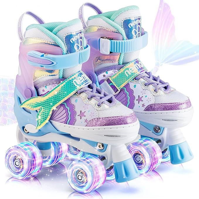 NEMONE Mermaid or Bunny Strawberry 4 Size Adjustable Light up Roller Skates for Girls, Purple Blu... | Amazon (US)