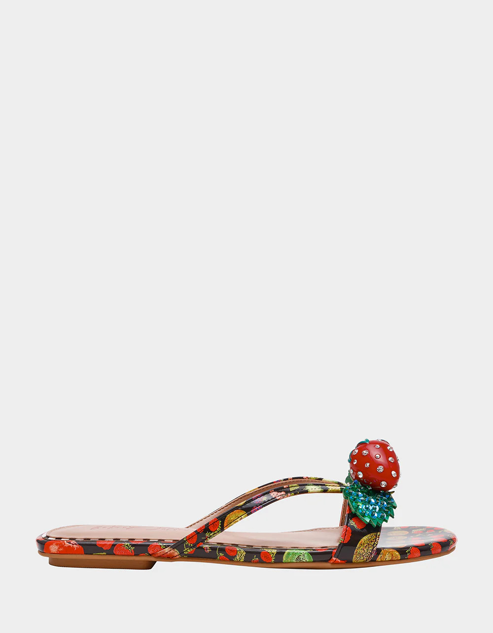 GARRIK BLACK MULTI Women's Thong Strappy Fruit Printed Sandal | Betsey Johnson