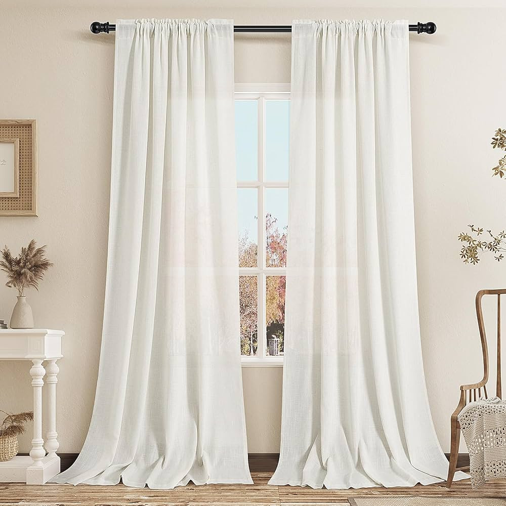 Cream Linen Curtains 96 Inches Long 2 Panels Rod Pocket Natural Flax Linen Blend Dining Room Hall... | Amazon (US)