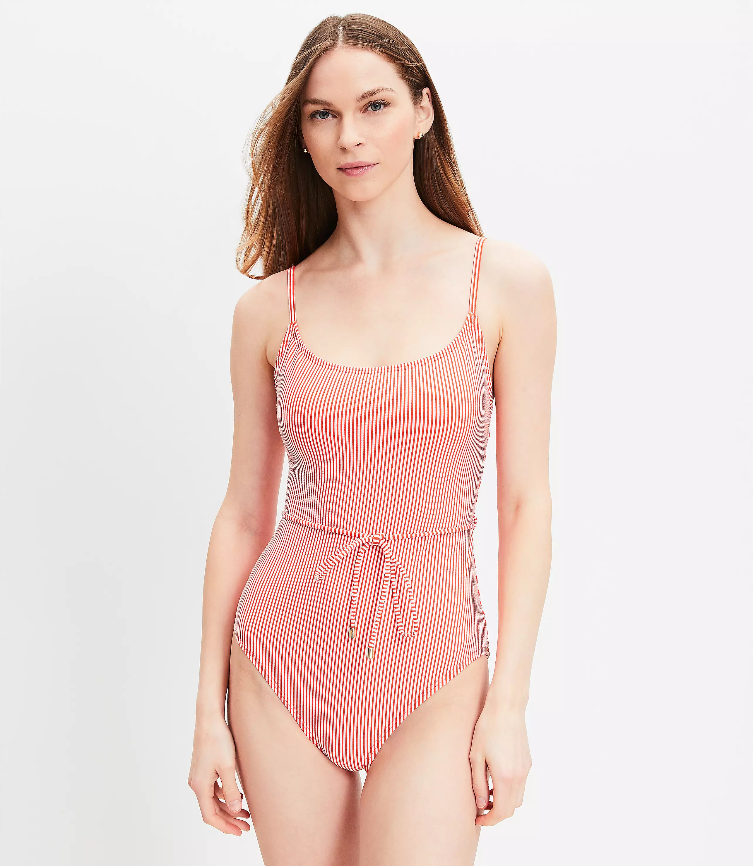 LOFT Beach Seersucker Belted One Piece Swimsuit | LOFT