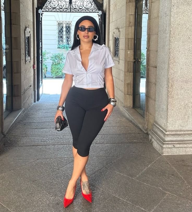 Black capri pants
Red pumps
White short sleeve button down 

#LTKPetite #LTKootd #LTKBeauty