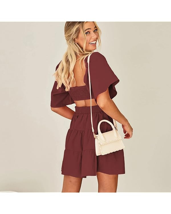 Shy Velvet Women's Summer Dress Square Neck Short Sleeves Crossover Waist Casual Party Mini Dress | Amazon (US)