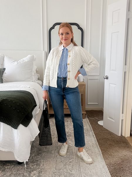 J.Crew up to 40% off sale is happening and this look is one of my favorites. I love this white cardigan and the striped button up!

Sizing:
Cardigan - small
Striped shirt - smalll

#LTKfindsunder100 #LTKSeasonal #LTKworkwear