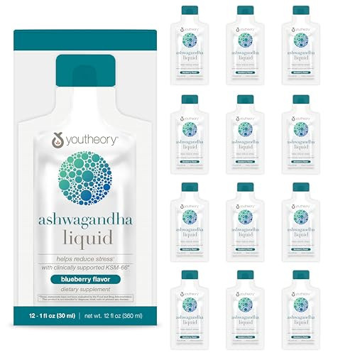 Youtheory Ashwagandha Liquid - with Organic KSM-66 Ashwagandha - Herbal Blend to Support Stress Relief & Energy Levels* - Helps Support Mood* - 1 oz Single Serve Packet, Pack of 12 | Amazon (US)